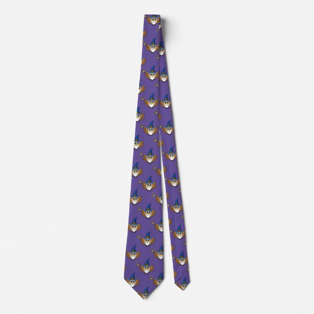 Cute Merlin the Wizard Owl Cartoon Tie (Front)