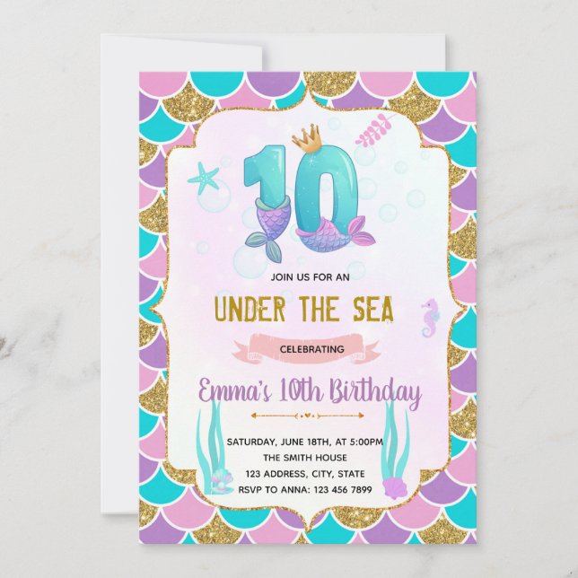 Cute mermaid 10th birthday  invitation (Front)