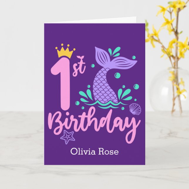 Cute Mermaid 1st Birthday Card (Yellow Flower)
