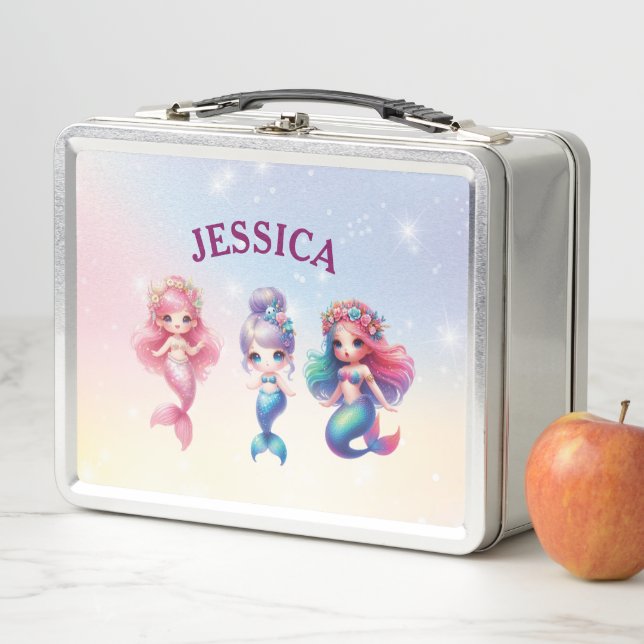 Cute Mermaid 4Th Grade Personalised Name Metal Lunch Box (In Situ)