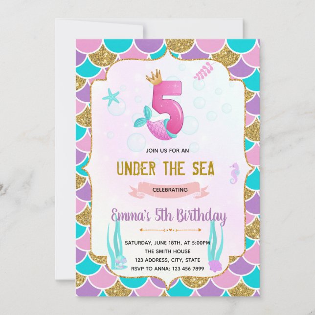Cute mermaid 5th birthday  invitation (Front)