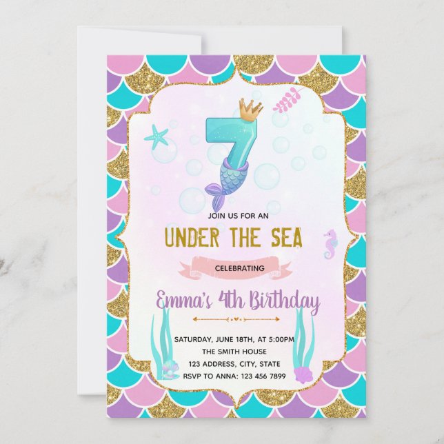 Cute mermaid 7th birthday  invitation (Front)