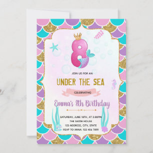 Cute mermaid 8th birthday invitation
