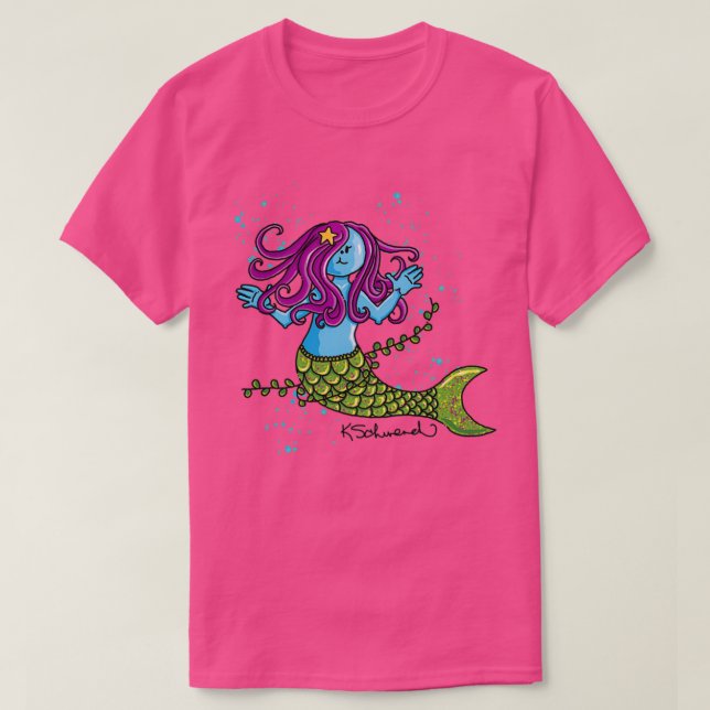 Cute Mermaid Among Seaweed and Bubbles T-Shirt (Design Front)