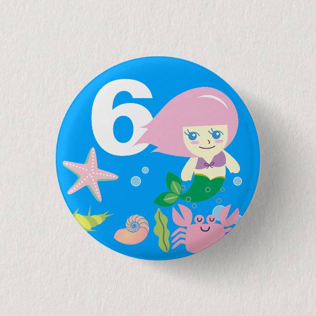 Cute Mermaid and Crab Kids Birthday Any Age 3 Cm Round Badge (Front)