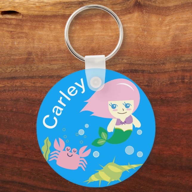 Cute Mermaid and Crab Personalised Key Ring (Front)