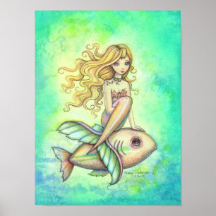 Cute Mermaid and Fish Fantasy Art Painting Poster
