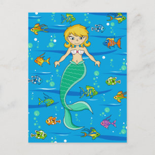 Cute Mermaid and Fish Postcard