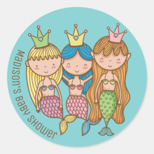 Cute Mermaid and Friends Baby Shower Invitation Classic Round Sticker