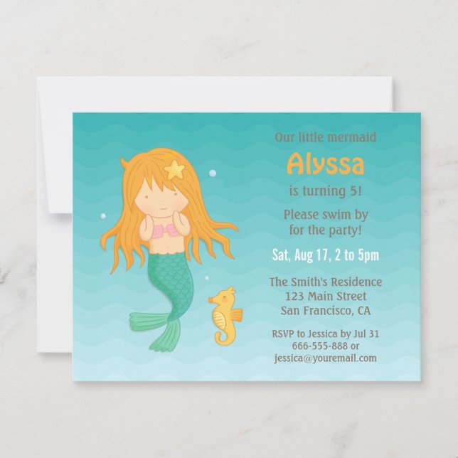 Cute Mermaid And Sea Horse Girls Birthday Party Invitation (Front)