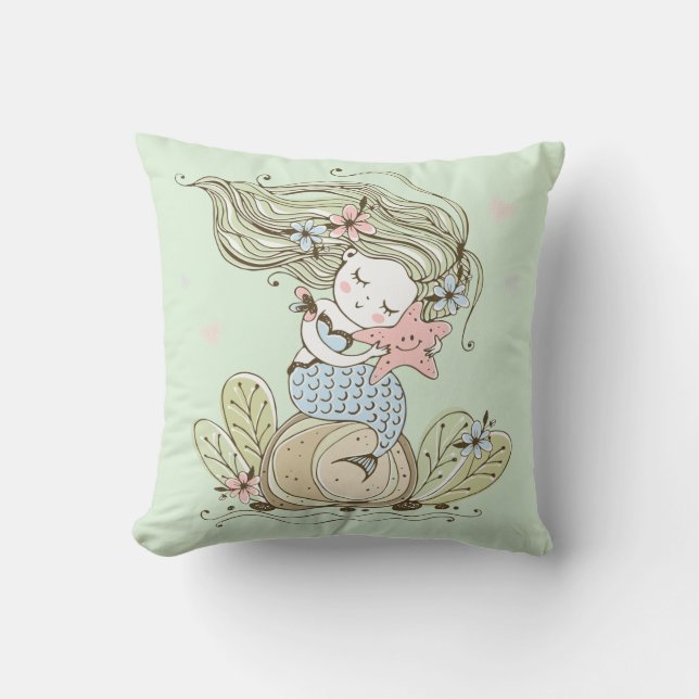 Cute Mermaid And Starfish Watercolor Girl Cushion (Front)