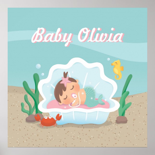 Cute Mermaid Baby Girl Nursery Decor Poster (Front)