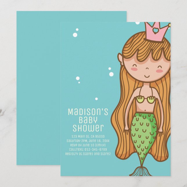 Cute Mermaid Baby Shower Invitation (Front/Back)