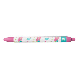 Cute Mermaid Beach Girl Monogram Kids Black Ink Pen