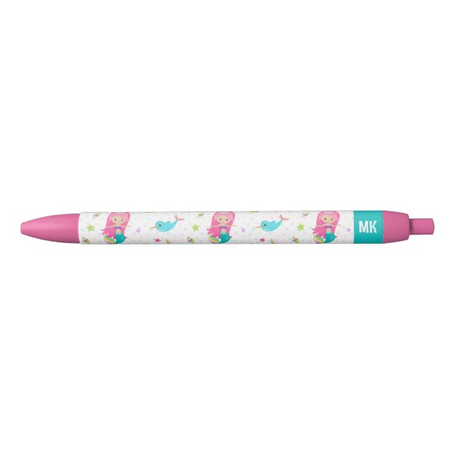 Cute Mermaid Beach Girl Monogram Kids Black Ink Pen (Front)