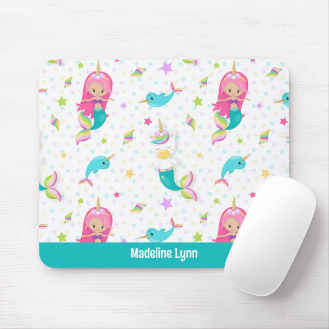 Cute Mermaid Beach Girl Personalised Kids Mouse Mat (With Mouse)