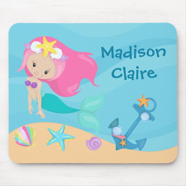Cute Mermaid Beach Girl Personalized Kids Mouse Mat (Front)