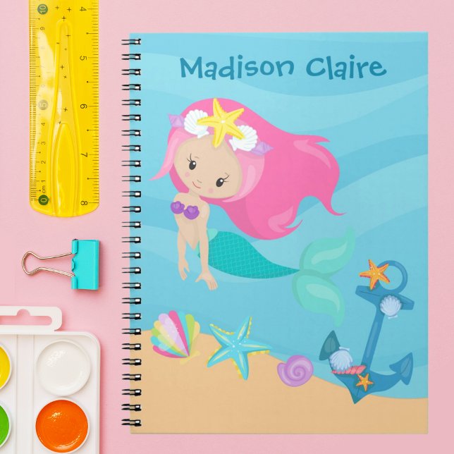 Cute Mermaid Beach Girl Pink Hair Custom Kids Notebook (Creator Uploaded)