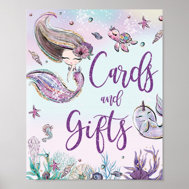 Cute Mermaid Birthday Baby Shower Cards & Gifts Poster (Front)