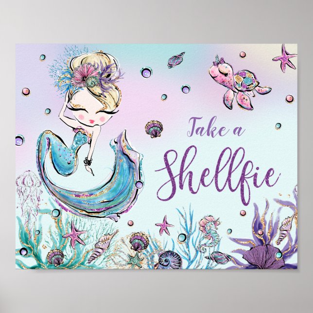 Cute Mermaid Birthday Baby Shower Take a Shellfie  Poster (Front)