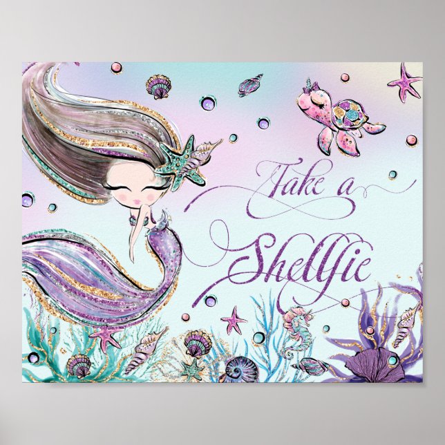 Cute Mermaid Birthday Baby Shower Take a Shellfie Poster (Front)