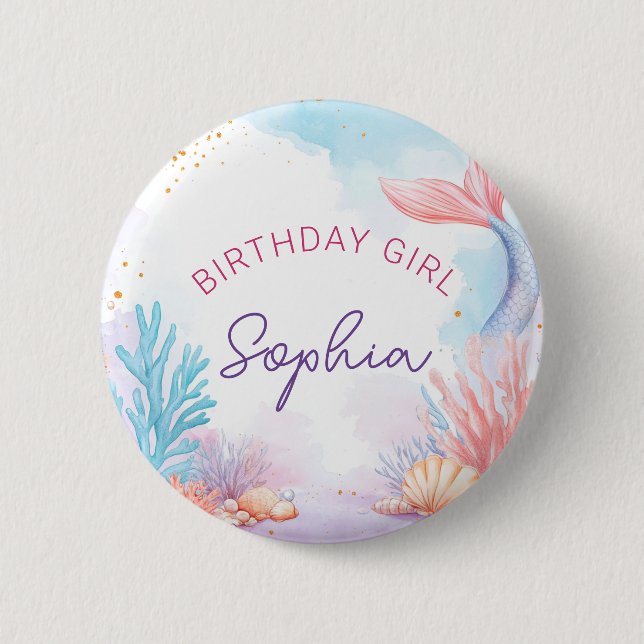 Cute Mermaid Birthday Girl Personalised Party  6 Cm Round Badge (Front)