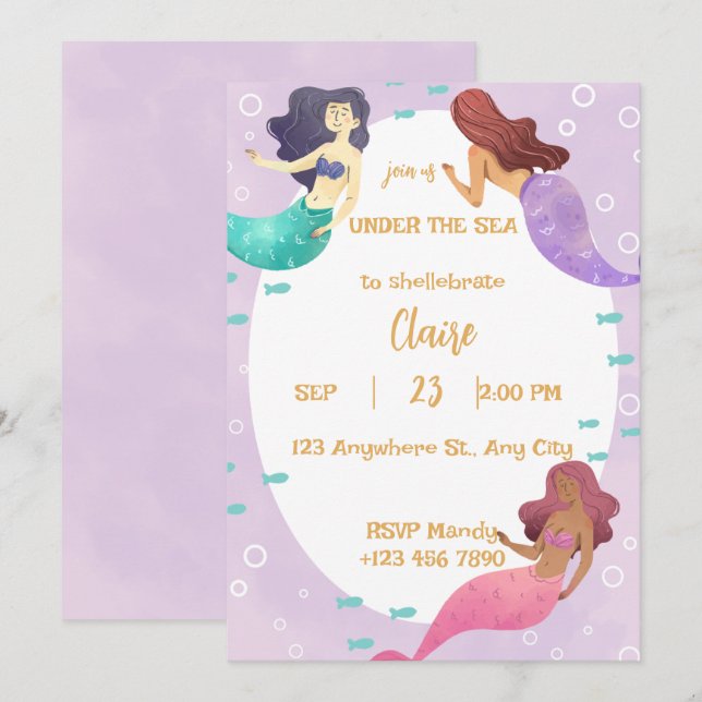 Cute Mermaid Birthday Invitation (Front/Back)