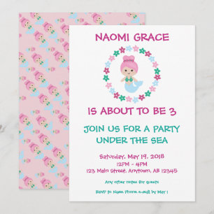 Cute Mermaid Birthday Invitation Pink Pattern