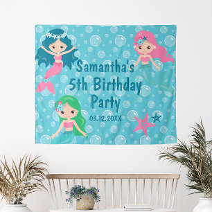 Cute Mermaid Birthday Party Backdrop Tapestry