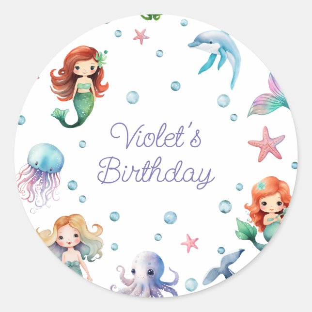 Cute Mermaid Birthday Party Classic Round Sticker (Front)