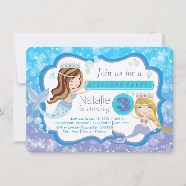 Cute Mermaid Birthday Party Invitations (Front)