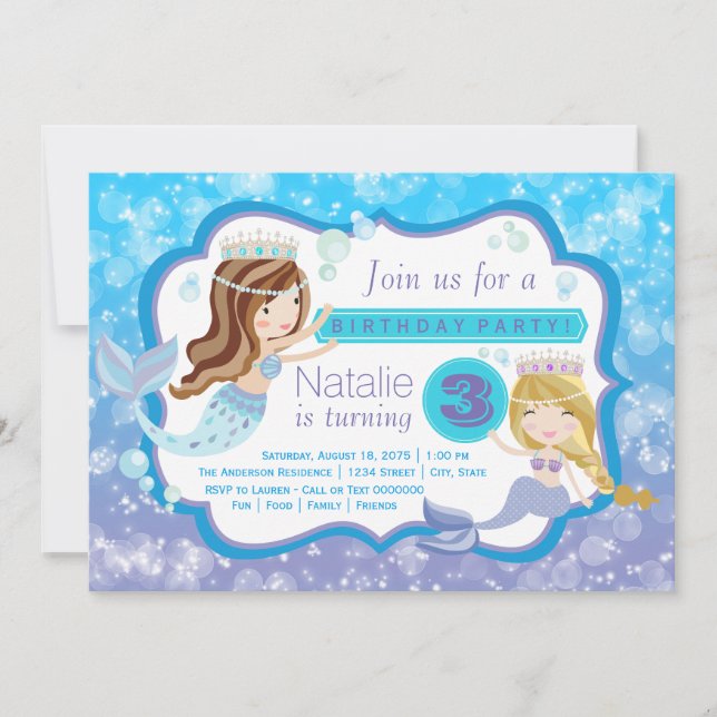 Cute Mermaid Birthday Party Invitations (Front)