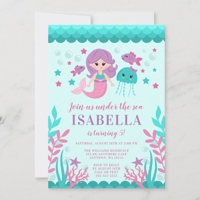 Cute Mermaid Birthday Party Invitations (Front)
