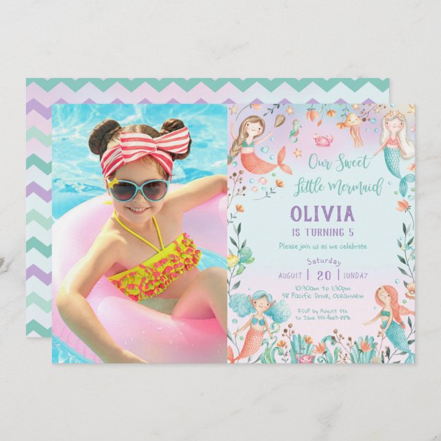 Cute Mermaid Birthday Rainbow Under the Sea Photo Invitation (Front/Back)