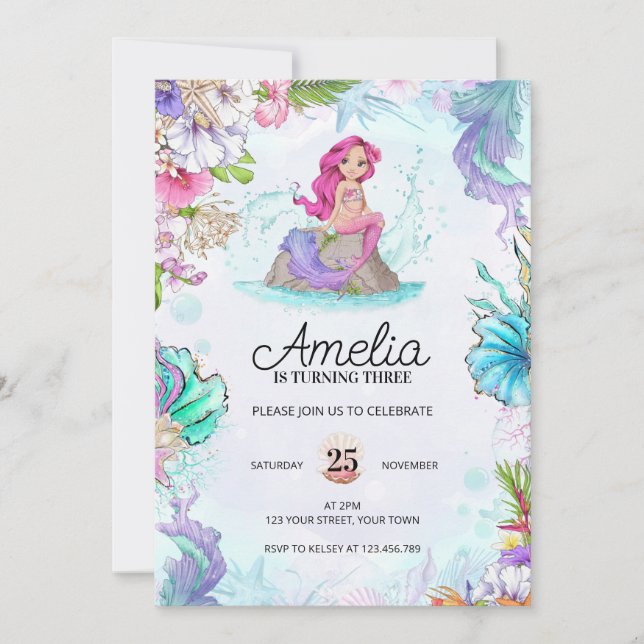 Cute Mermaid Birthday Under the Sea Invitation (Front)
