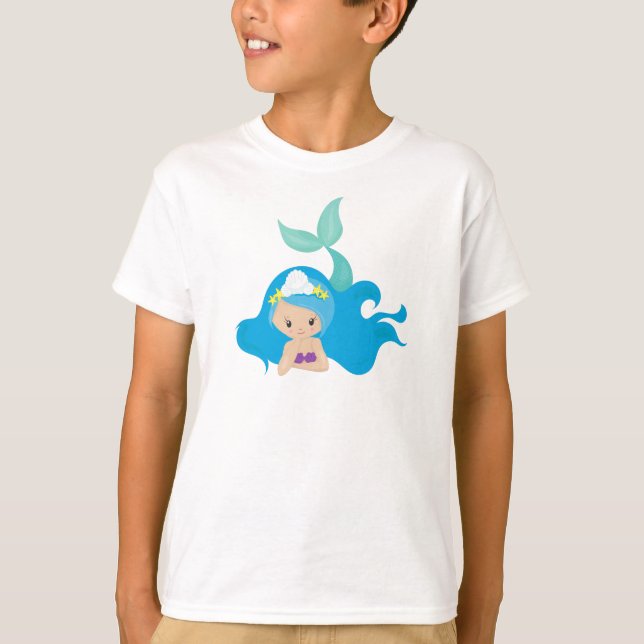 Cute Mermaid, Blue Hair, Little Mermaid, Starfish T-Shirt (Front)