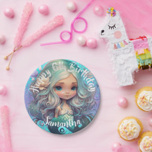 Cute Mermaid Blue Ocean Paper Plate