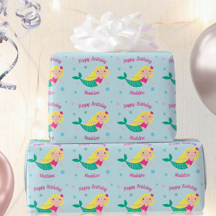 Cute Mermaid Blue Personalised Birthday Wrapping Paper