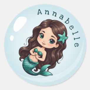 Cute Mermaid Brown Hair Green Eyes Personalise Classic Round Sticker
