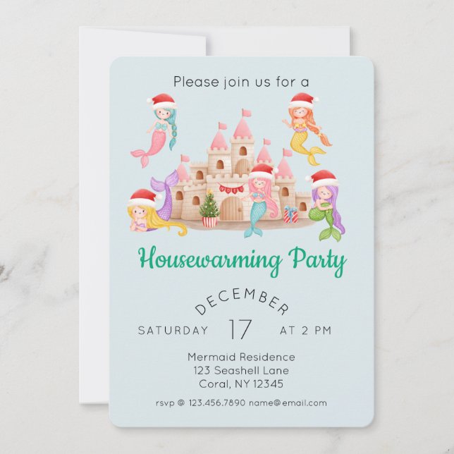 Cute Mermaid Christmas Housewarming Party Invitation (Front)