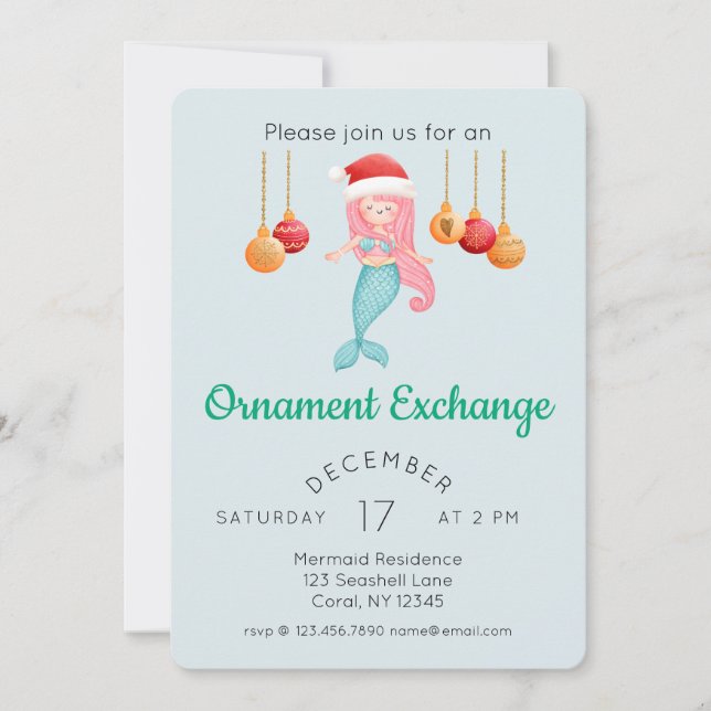 Cute Mermaid Christmas Ornament Exchange Party Invitation (Front)