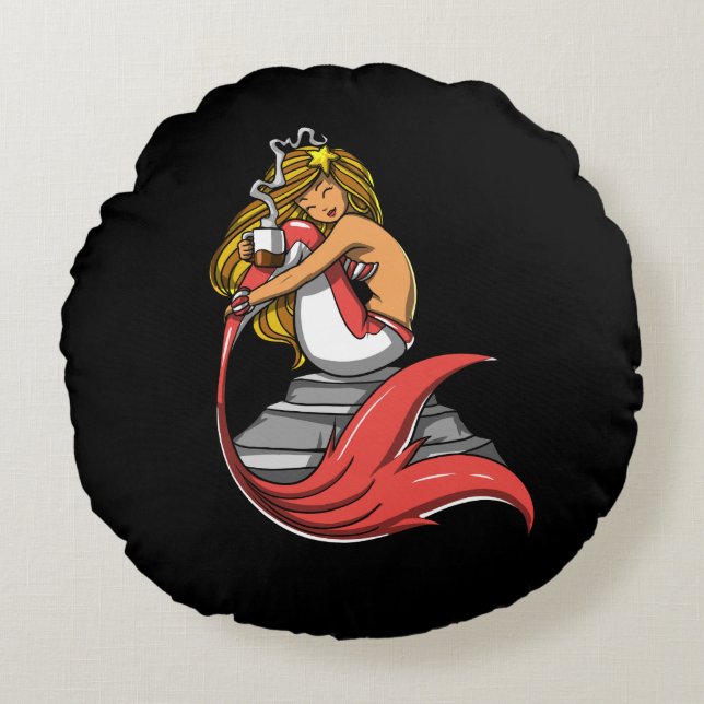 Cute Mermaid Coffee Drinking Lover Magical Ocean Round Cushion (Front)