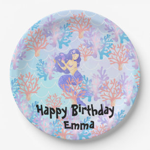Cute mermaid colourful coral fish sea Birthday kid Paper Plate