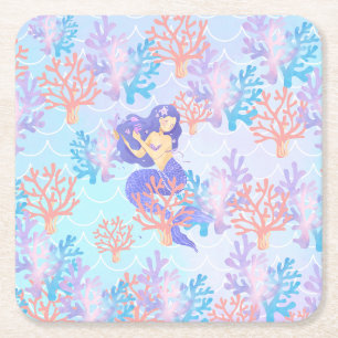 Cute mermaid colourful coral fish sea Birthday kid Square Paper Coaster