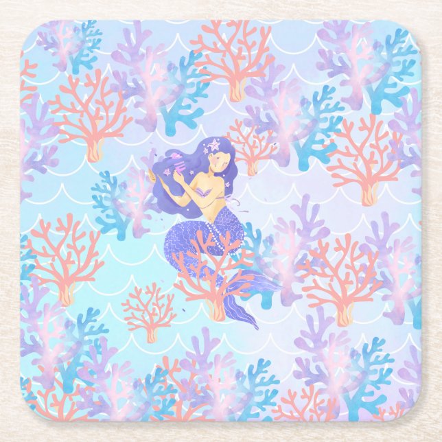 Cute mermaid colourful coral fish sea Birthday kid Square Paper Coaster (Front)