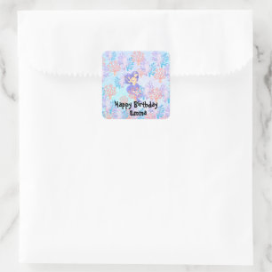 Cute mermaid colourful coral fish sea Birthday kid Square Sticker