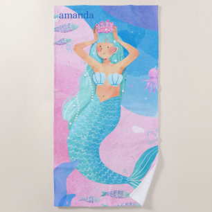 Cute mermaid colourful watercolors illustration beach towel