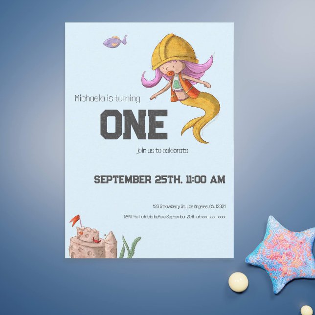 Cute Mermaid Construction Worker First Birthday Invitation (Cute construction worker mermaid first birthday party invitation)