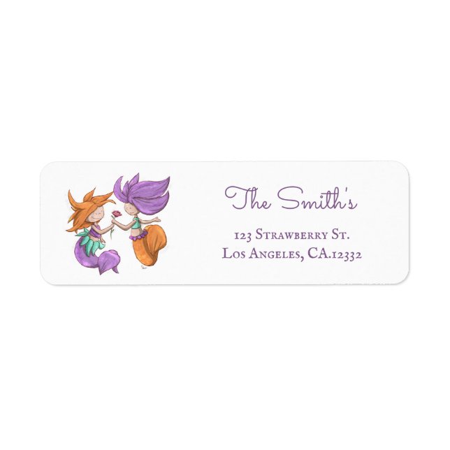 Cute Mermaid Couple Rose Return Address (Front)