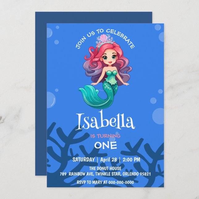 Cute Mermaid crown Rainbow whale Birthday party Invitation (Front/Back)
